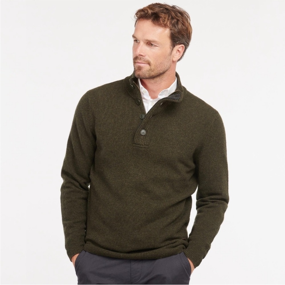 Barbour Half-Zip Wool Leather-Patch Knit Sweater Size Large Green